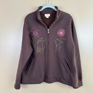 Artisans Brown Floral Embroidered Zip-Up Fleece Jacket Large